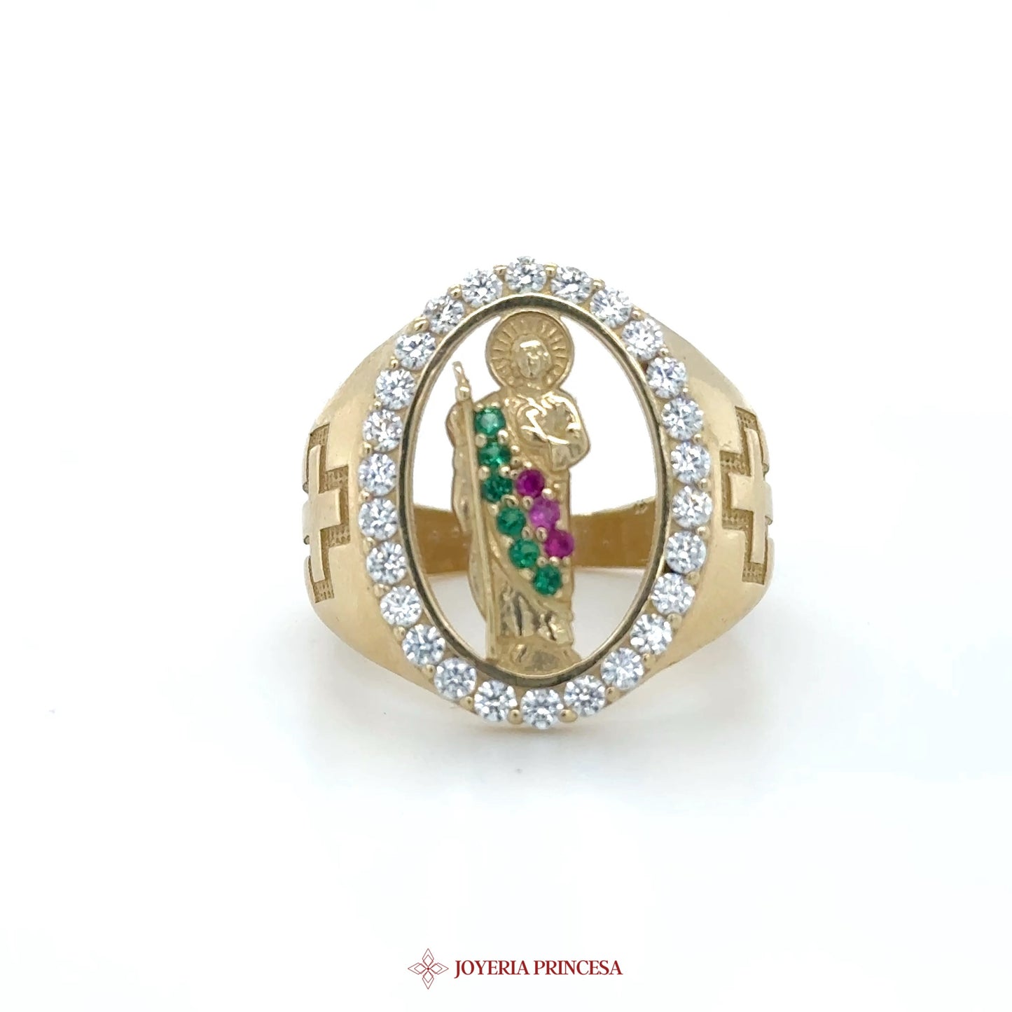 14K Gold Religious Motif Ring with Colorful Stones (UN-1571)