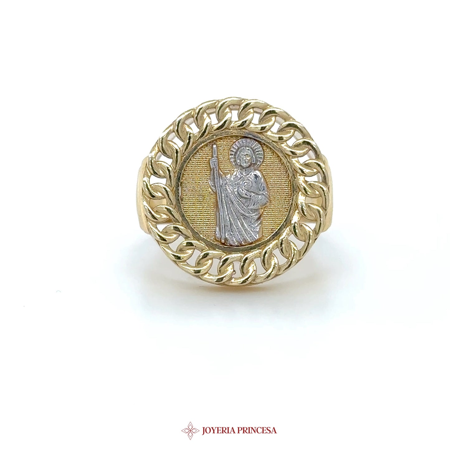 14K Gold Saint Motif Signet Ring with Rope Detail