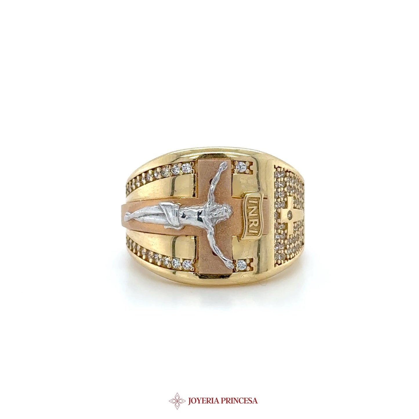 14K Gold Cross Motif Ring with CZ Stones
