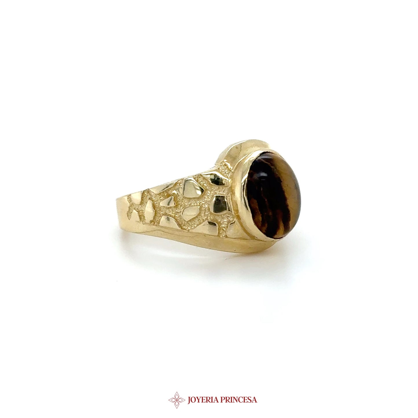 14K Gold Hammered Ring with Oval Tiger's Eye Stone