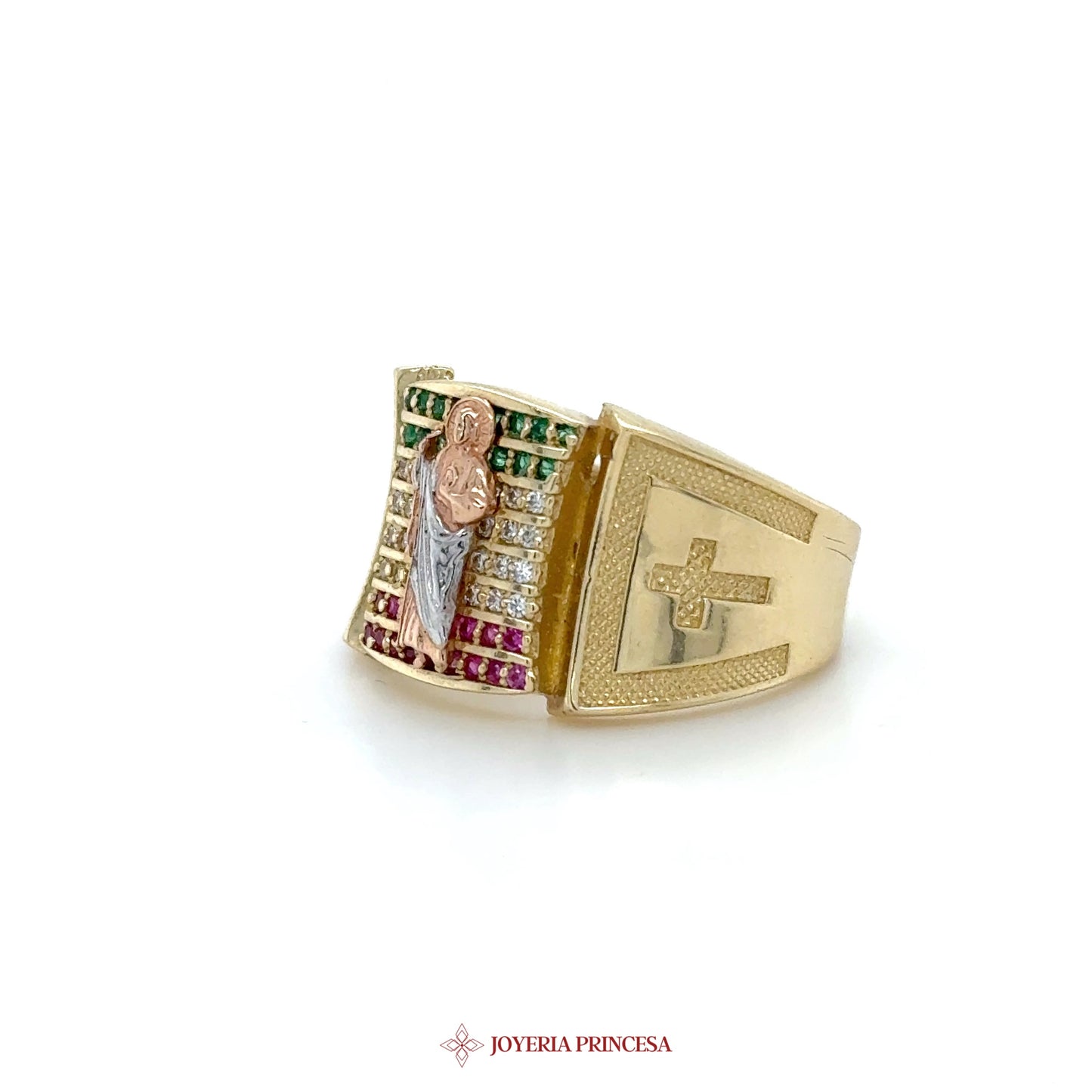 14K Gold Religious Motif Ring with Multi-Color Stones