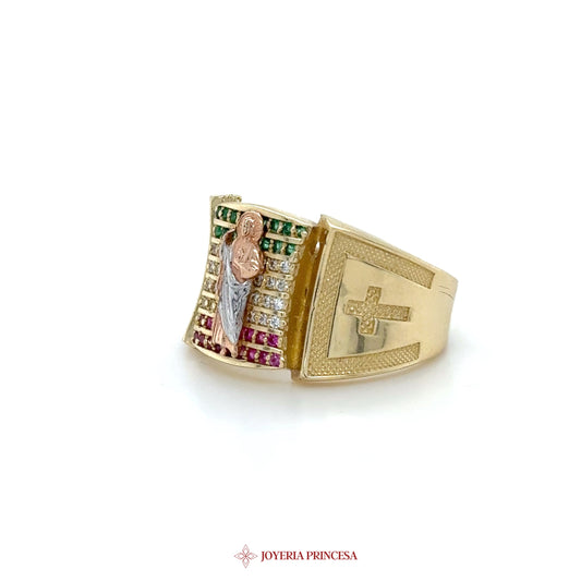 14K Gold Religious Motif Ring with Multi-Color Stones
