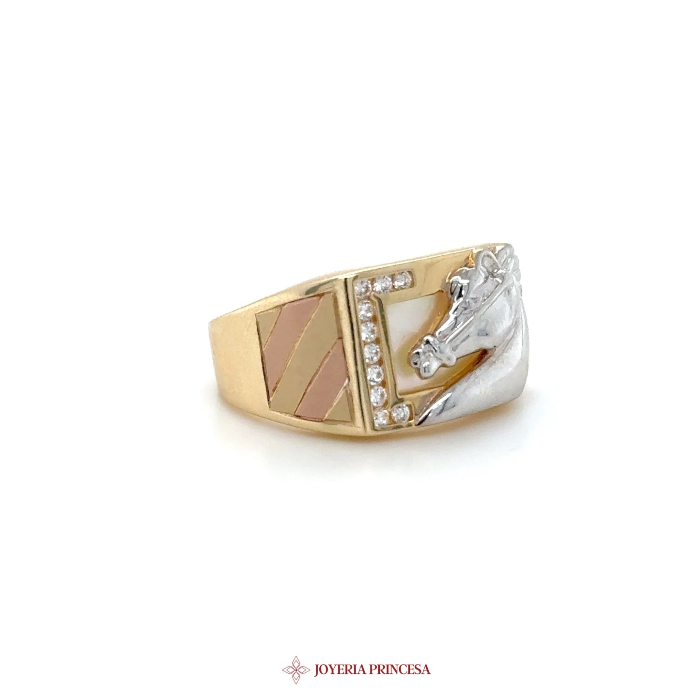 14K Gold and Silver Horse Motif Ring with CZ Accents