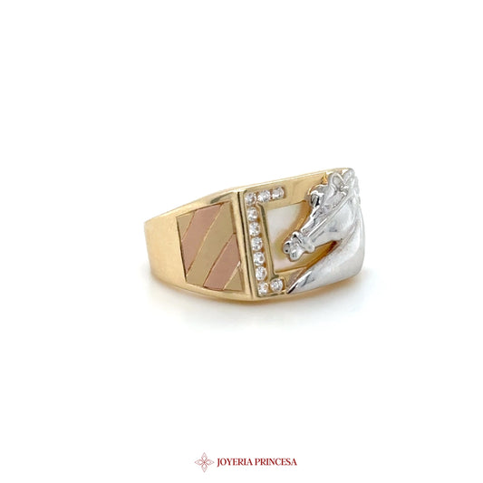 14K Gold and Silver Horse Motif Ring with CZ Accents