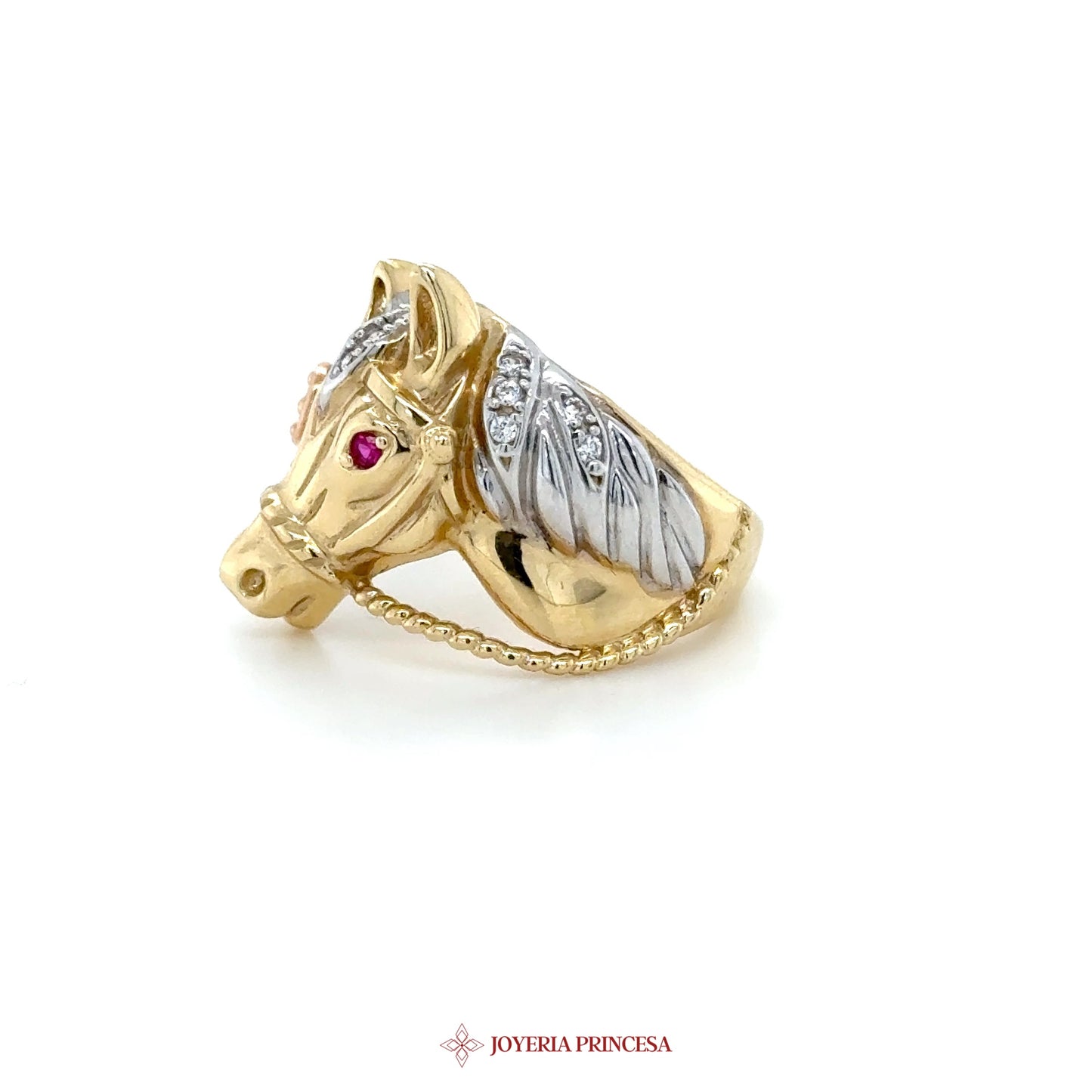 14K Gold Horse Head Ring with Ruby and CZ Accents