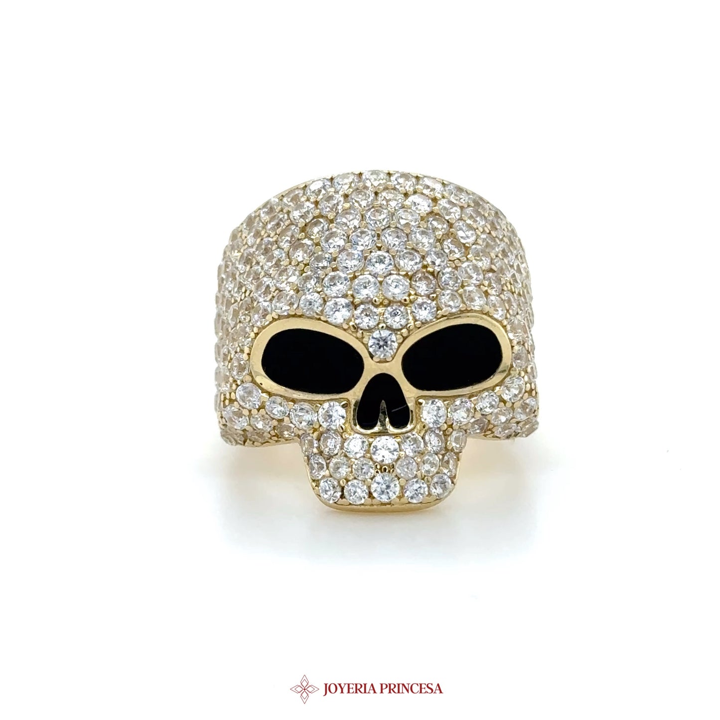 14K Gold Skull Ring with Black Enamel and CZ Stones