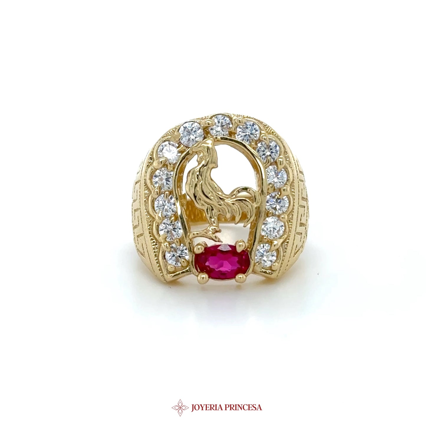 14K Gold Horseshoe Ring with Ruby and CZ Stones