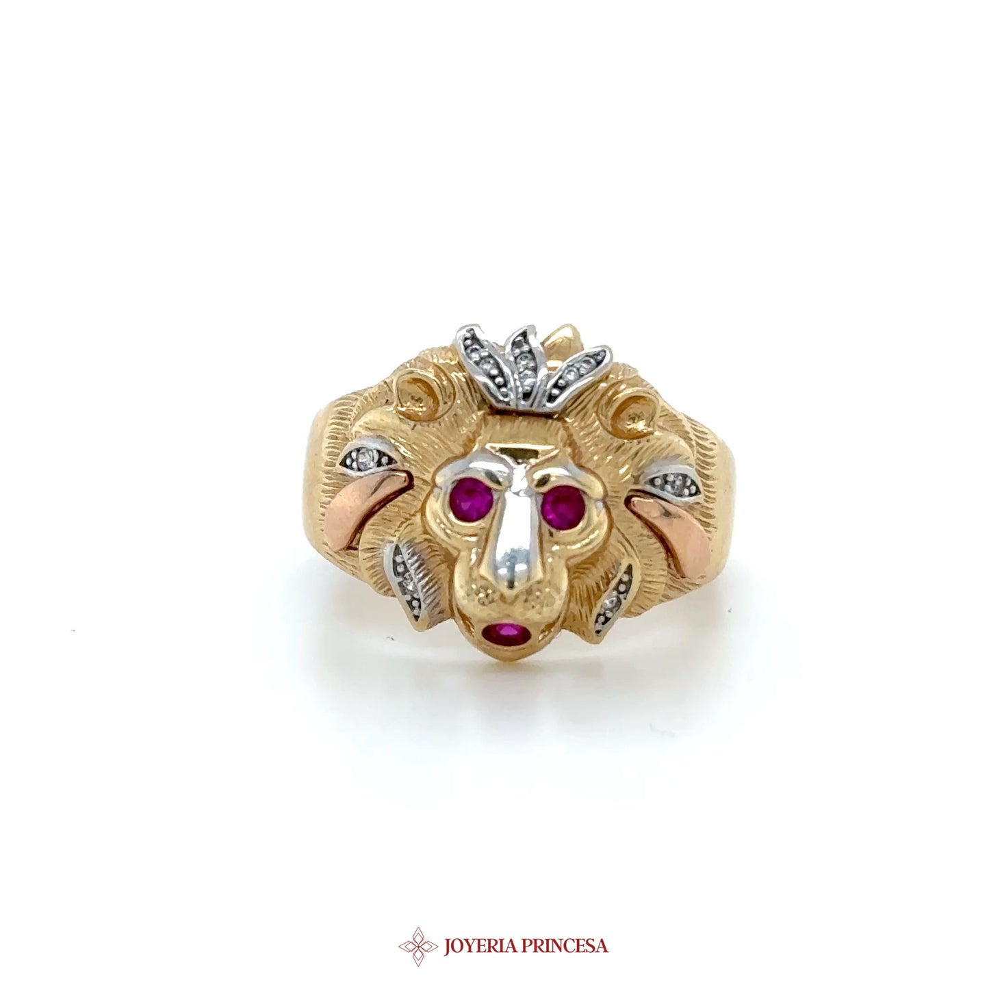 14K Gold Lion Head Ring with Ruby and Diamond Accents