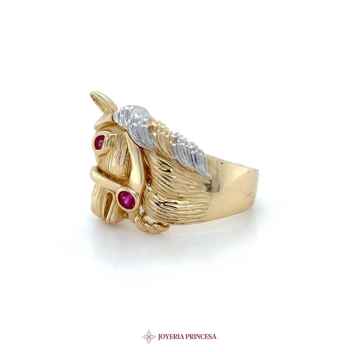 14K Gold Horse Head Ring with Ruby Accents