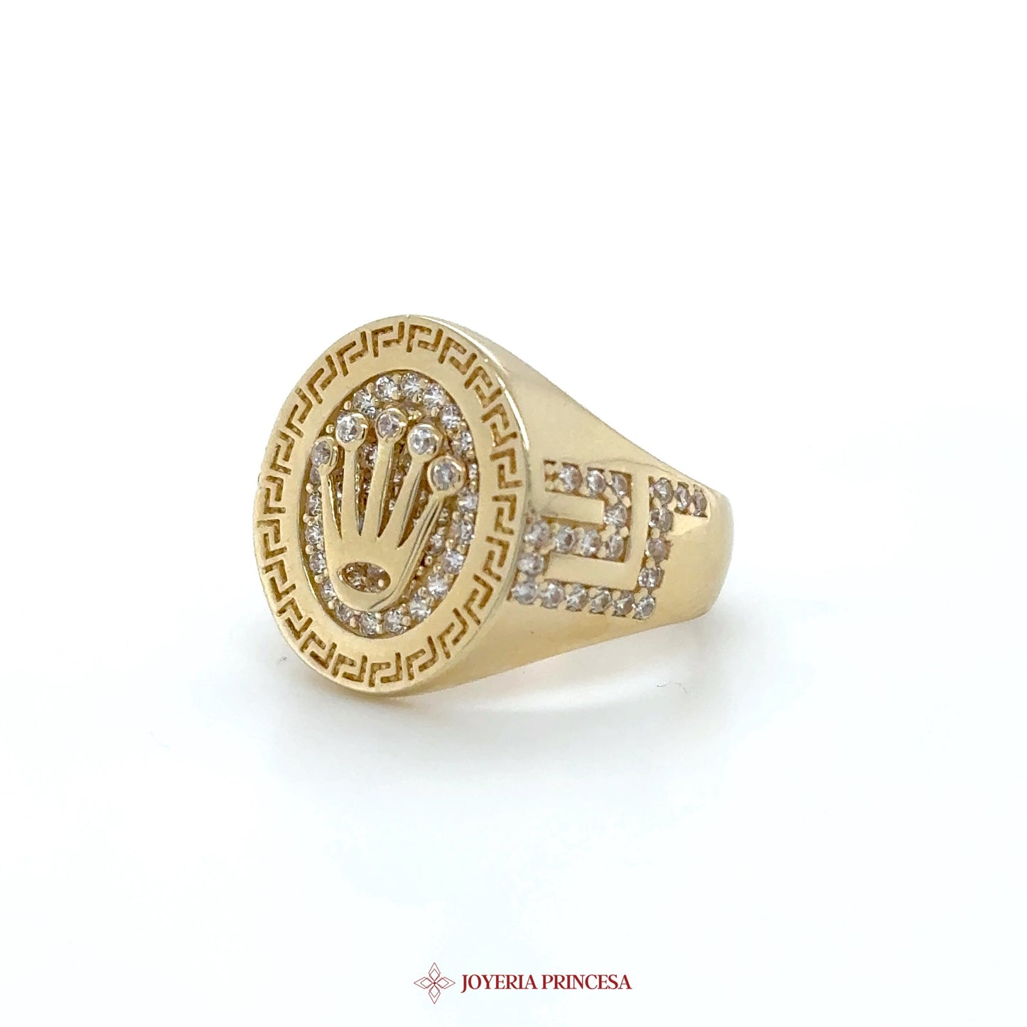 14K Gold Signet Ring with CZ Stones and Greek Motif