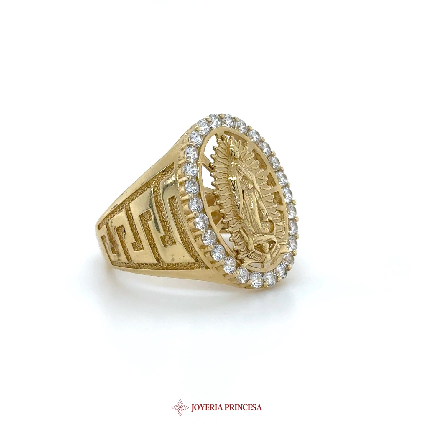14K Gold Virgin Mary Medallion Ring with CZ Stones