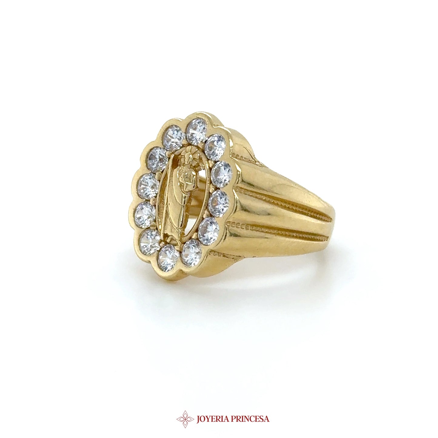 14K Gold Virgin Mary Ring with CZ Stones