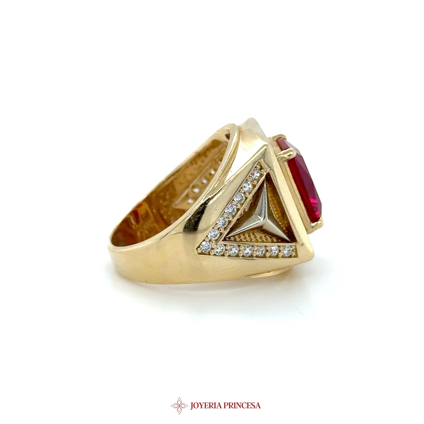14K Gold Ring with Pink Stone and Intricate Design