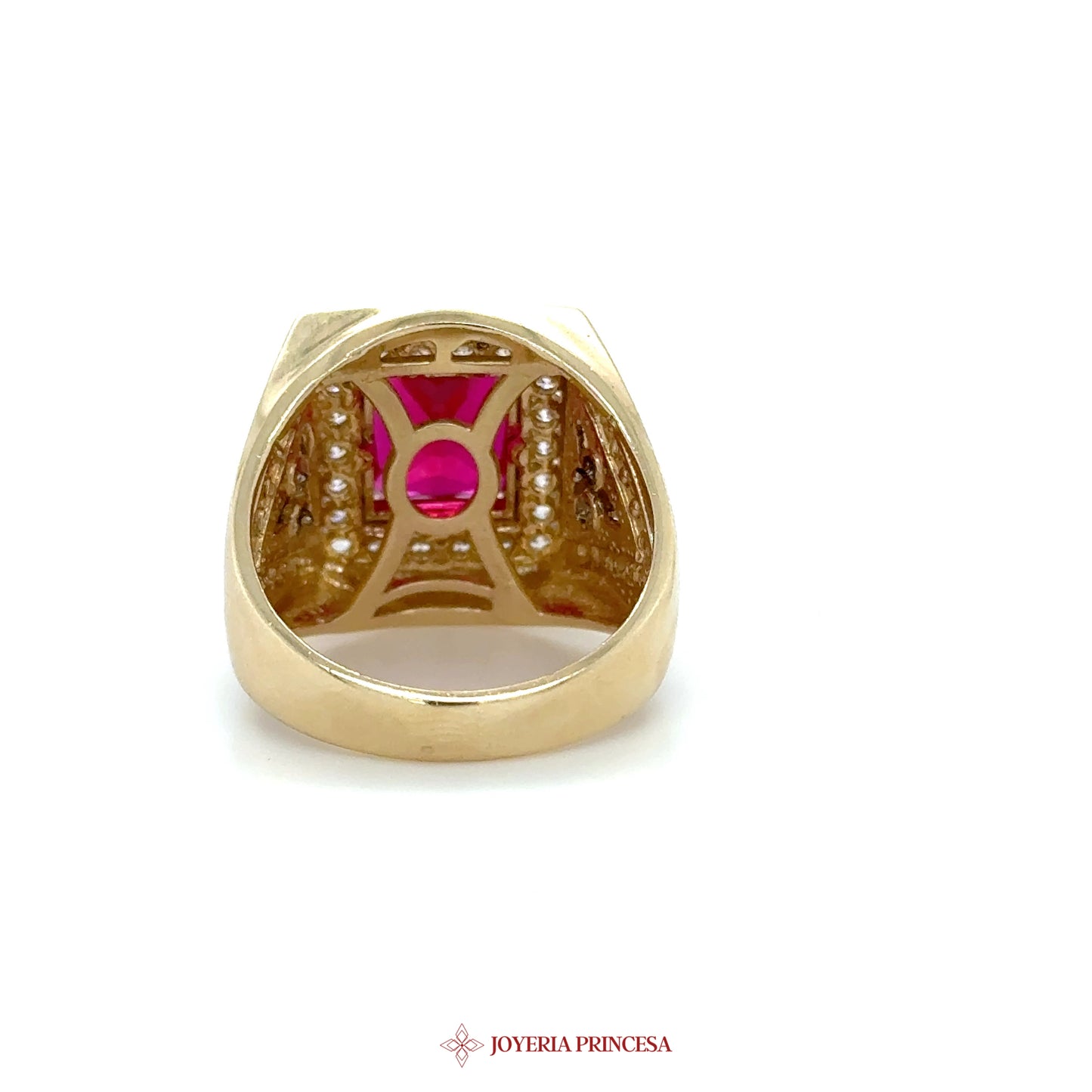 14K Gold Ring with Pink Stone and Intricate Design