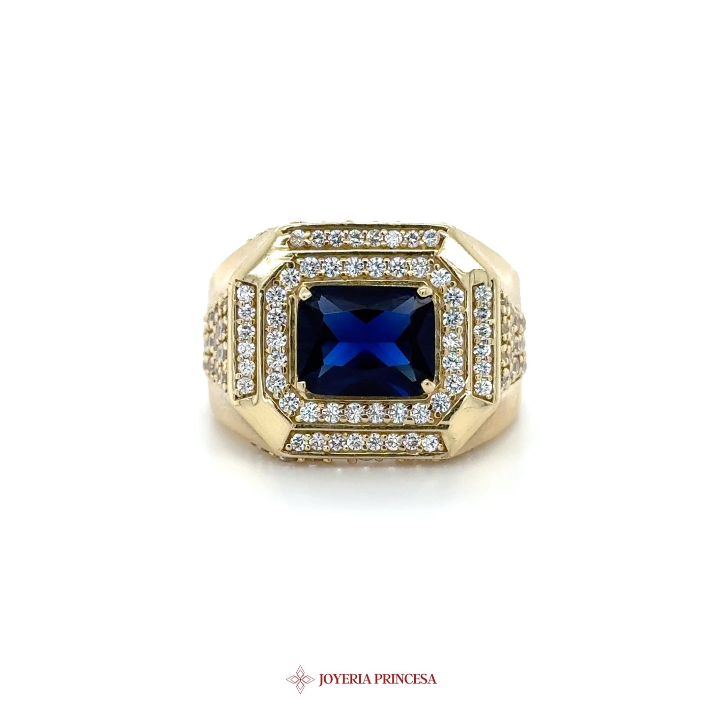14K Gold Square Blue Stone and Diamond Ring