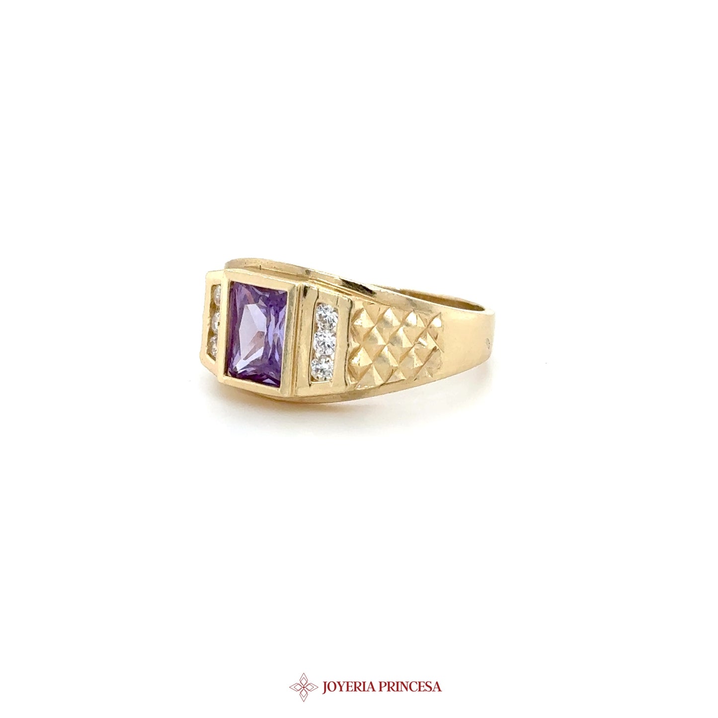 14K Gold Square Amethyst & CZ Men's Ring