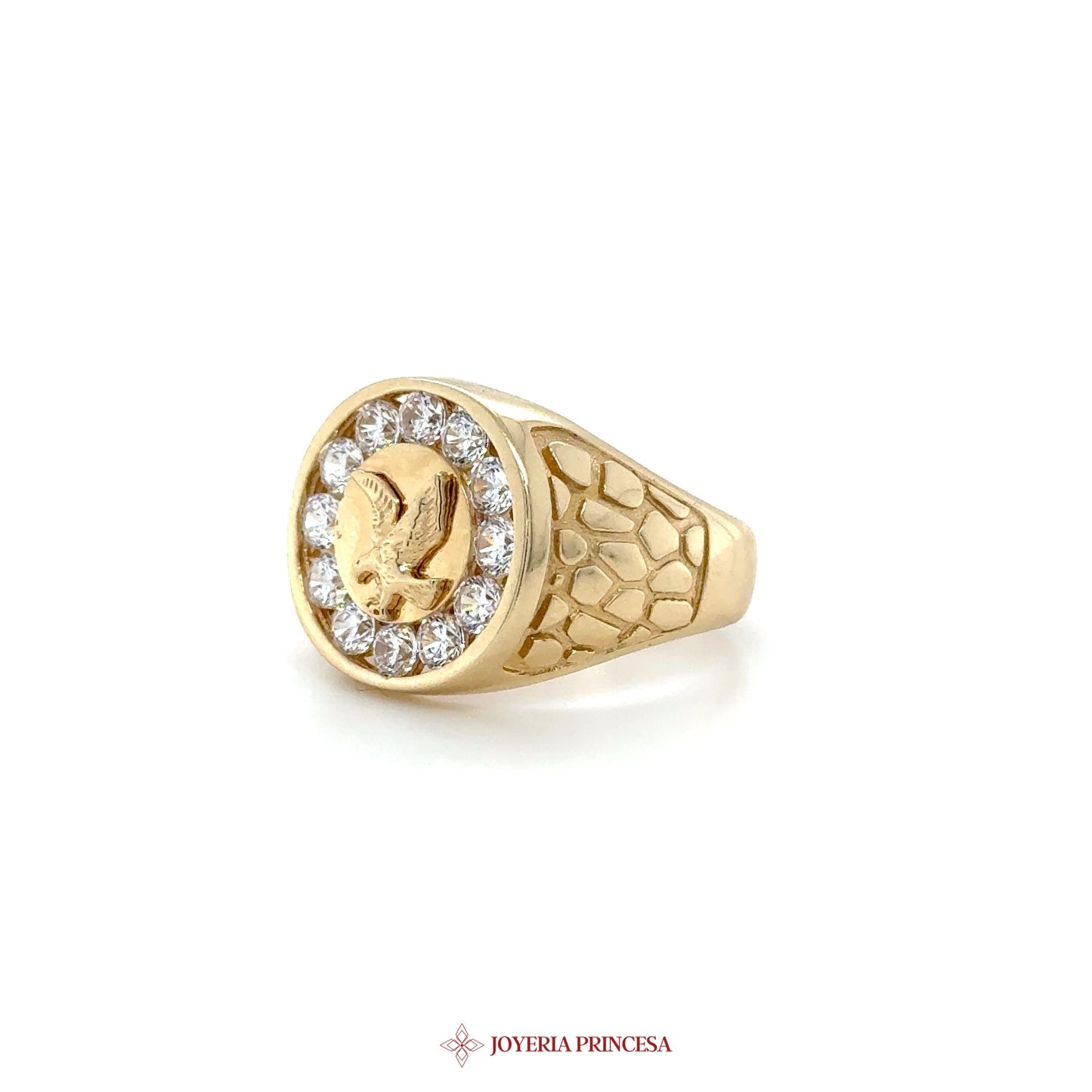 14K Gold Signet Ring with Eagle Motif and CZ Stones