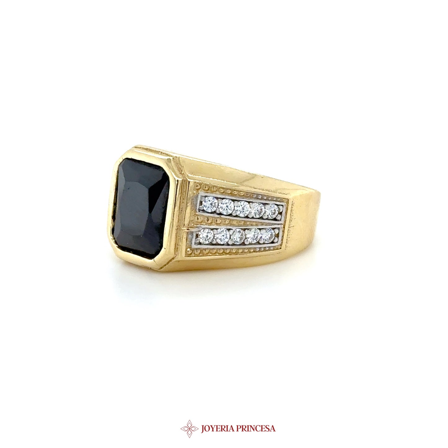 14K Gold Signet Ring with Black Onyx and CZ Stones