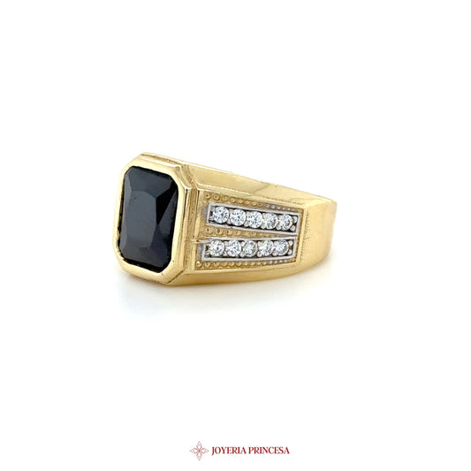 14K Gold Signet Ring with Black Onyx and CZ Stones