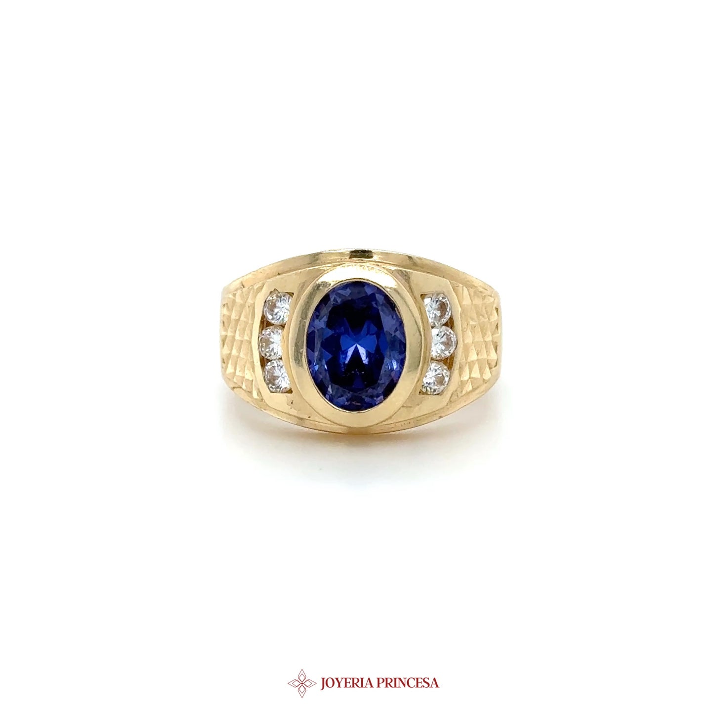 14K Gold Oval Blue Stone Ring with CZ Accents