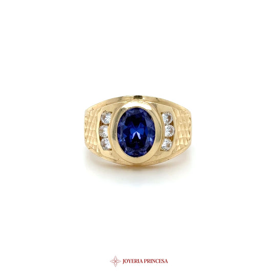 14K Gold Oval Blue Stone Ring with CZ Accents