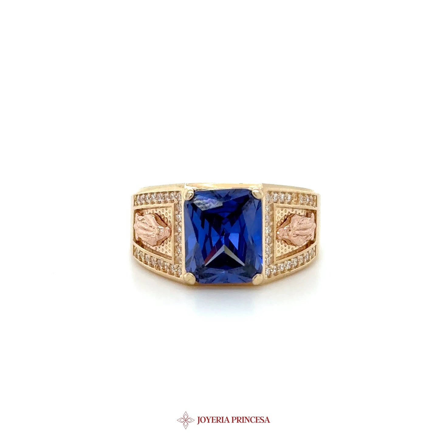 14K Gold Blue Stone Religious Motif Ring