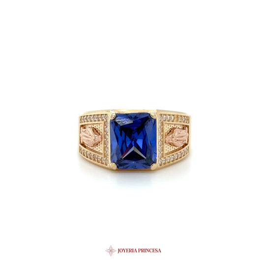 14K Gold Blue Stone Religious Motif Ring