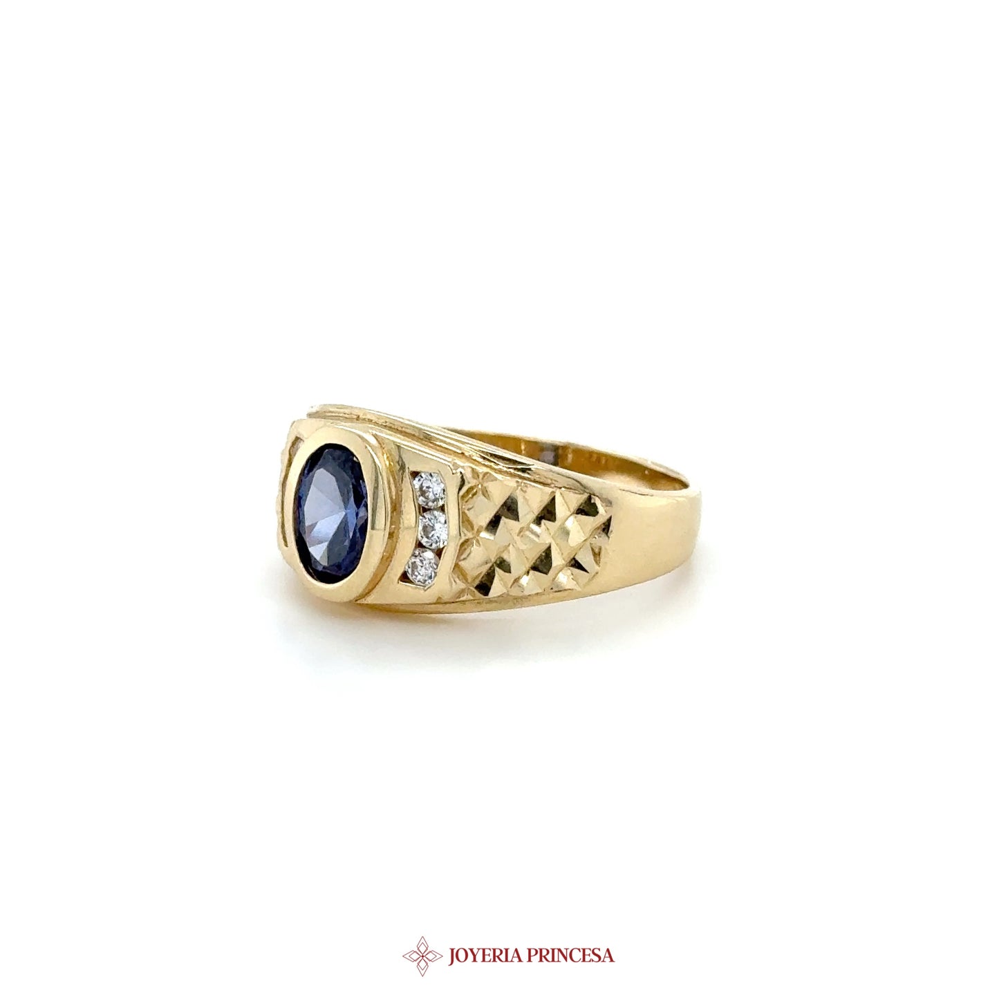 14K Gold Men's Signet Ring with Blue Stone and CZ Accents