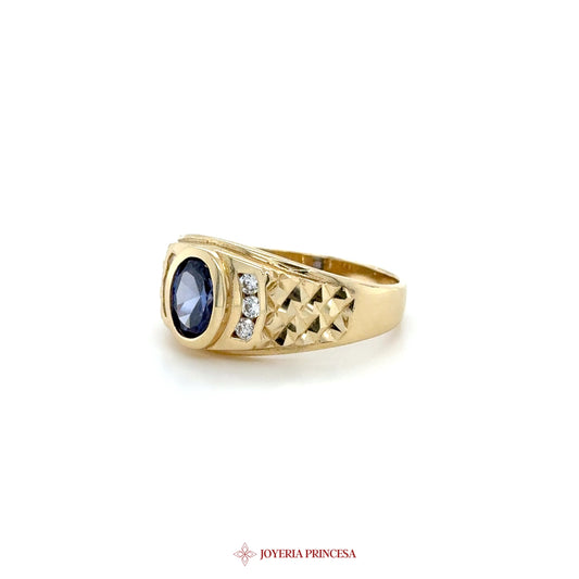 14K Gold Men's Signet Ring with Blue Stone and CZ Accents