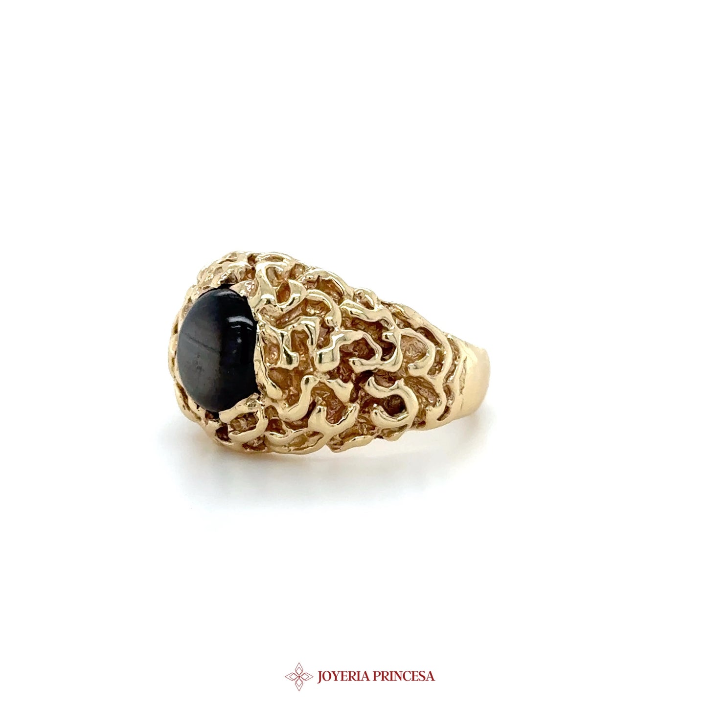 14K Gold Organic Design Ring with Black Stone