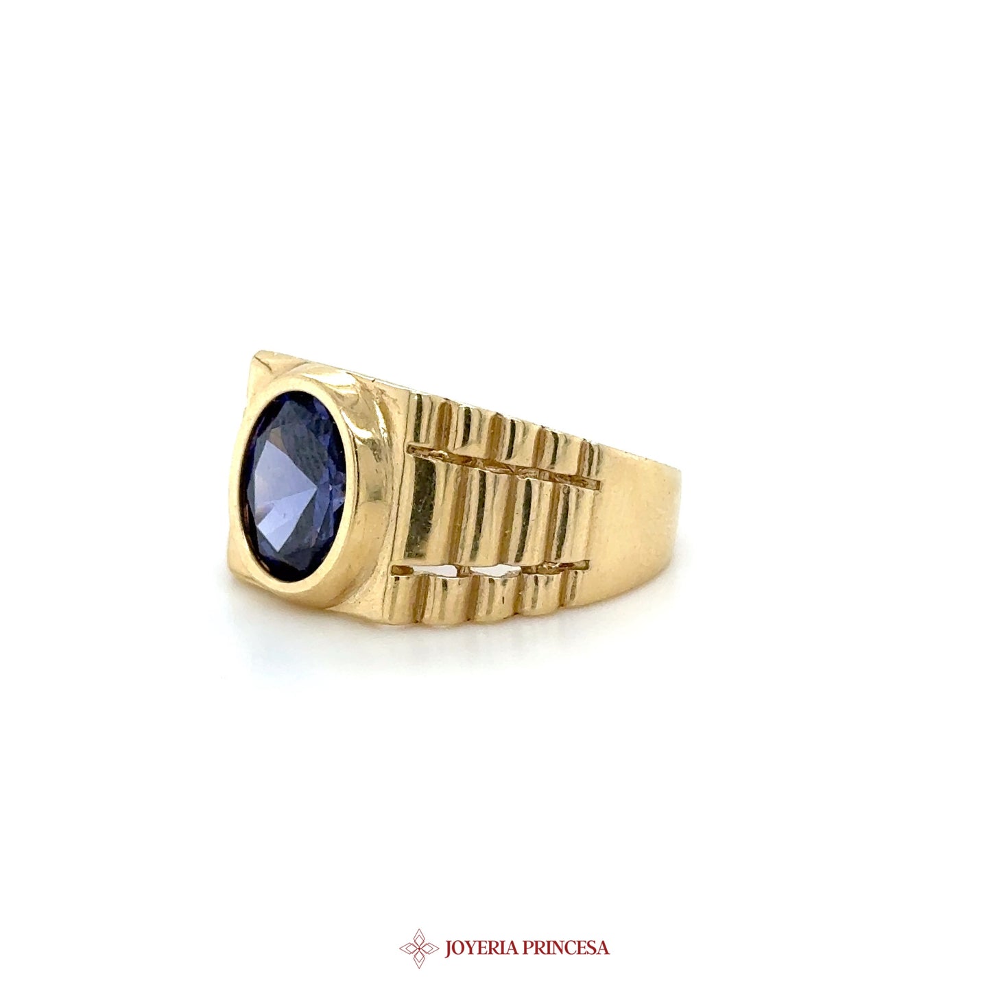 14K Gold Textured Men's Ring with Blue Stone