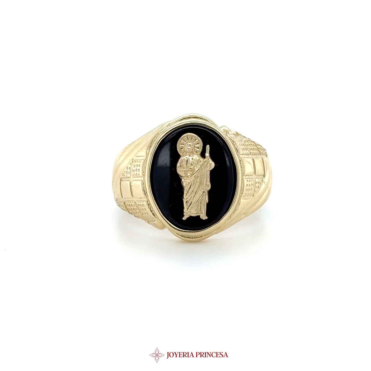 14K Gold Signet Ring with Black Onyx and Religious Motif