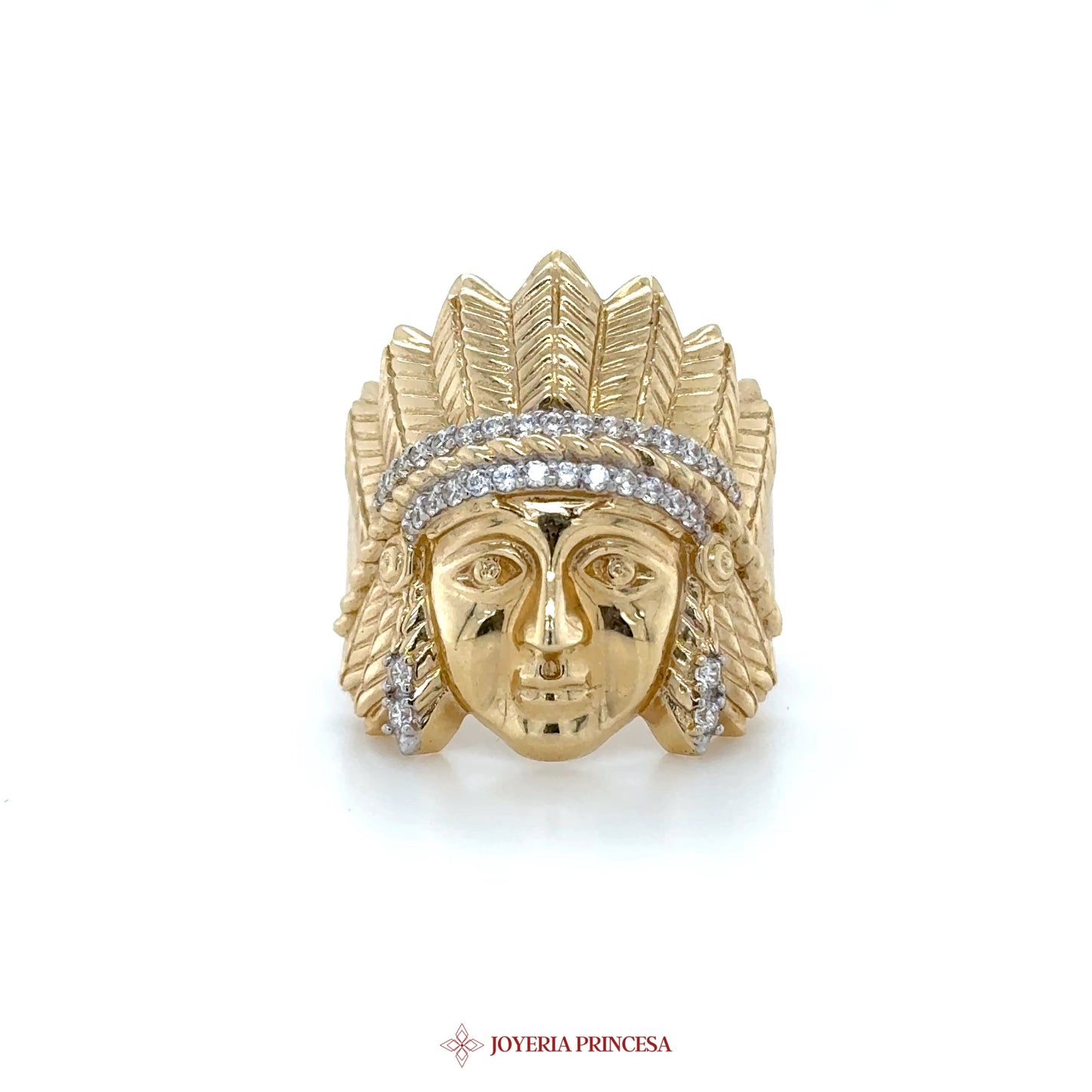 14K Gold Indian Chief Ring with Simulated Diamonds