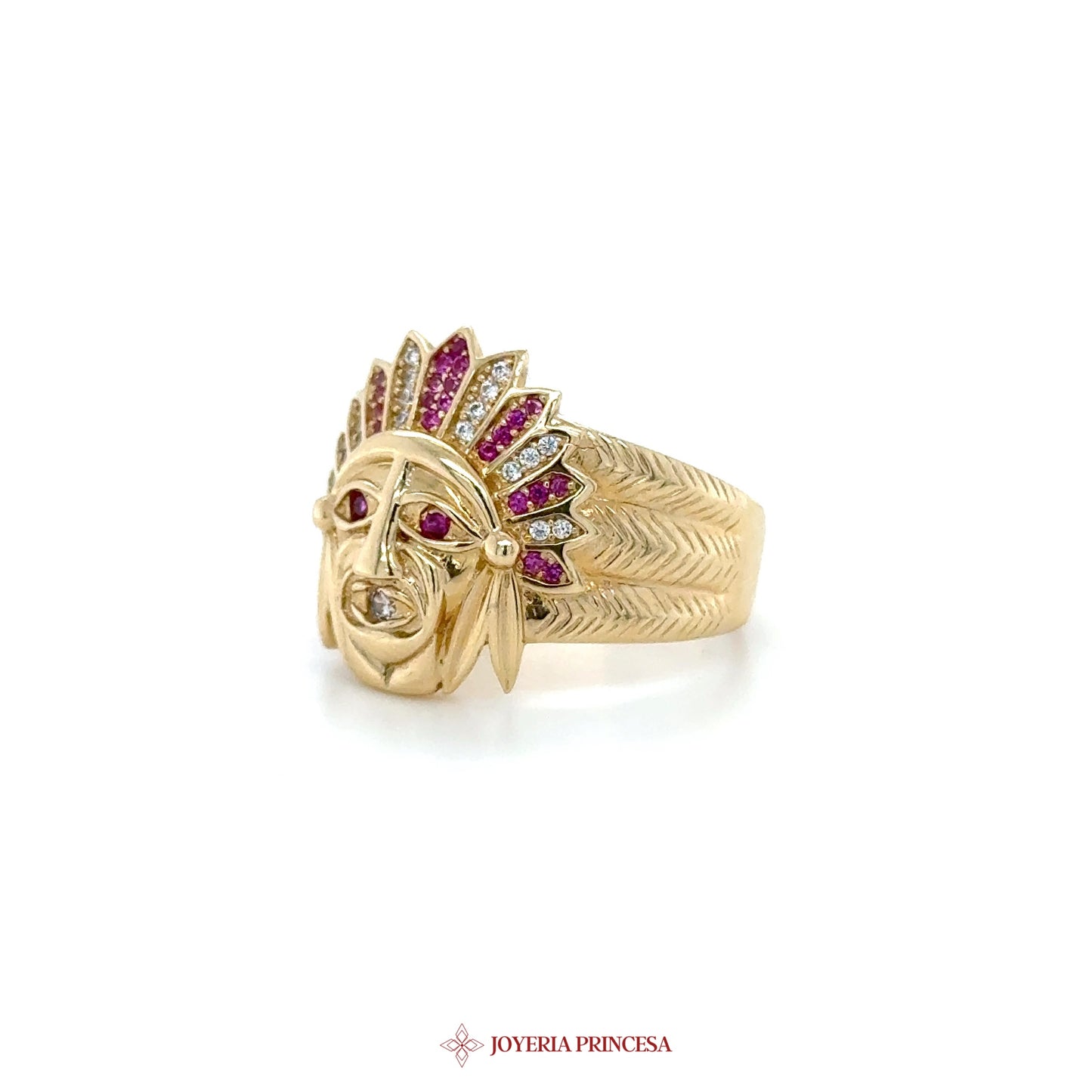 14K Gold Native American Chief Ring with Ruby Accents