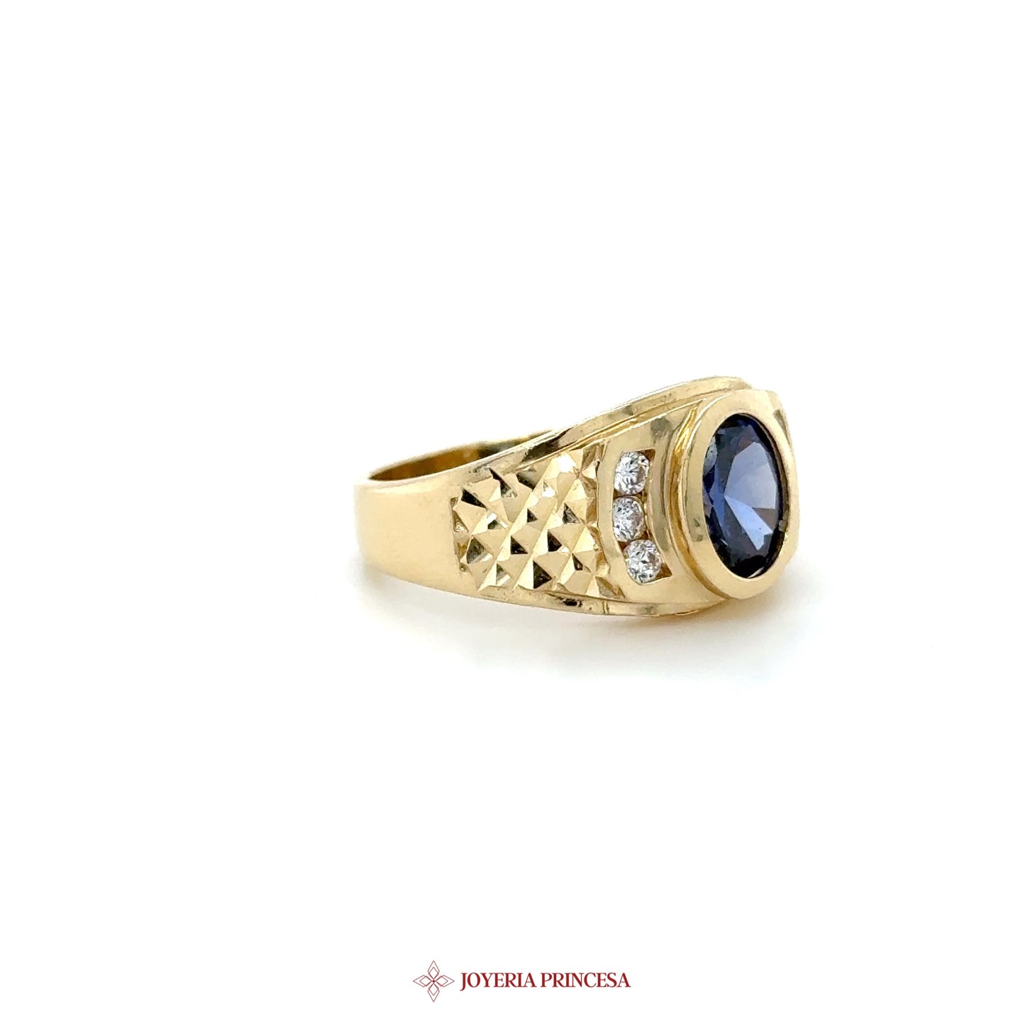 14K Gold Oval Blue Sapphire and CZ Men's Ring