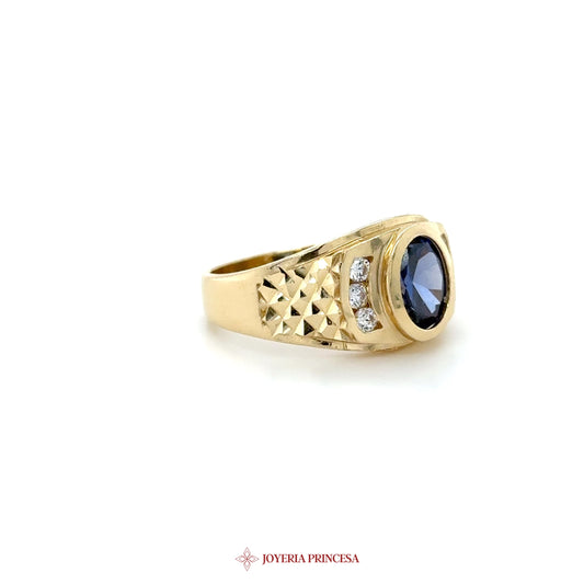 14K Gold Oval Blue Sapphire and CZ Men's Ring