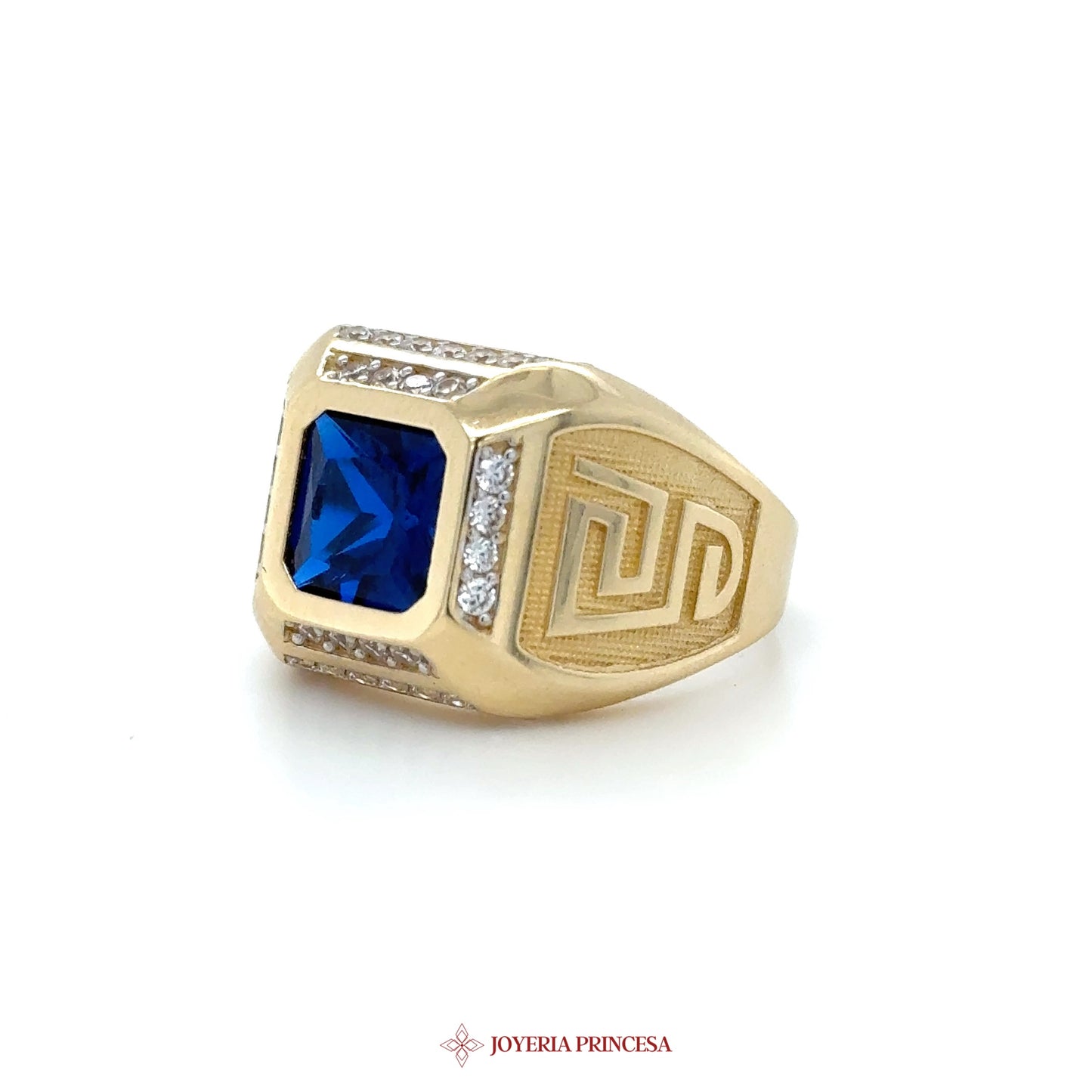 14K Gold Square Blue Stone Ring with CZ Accents