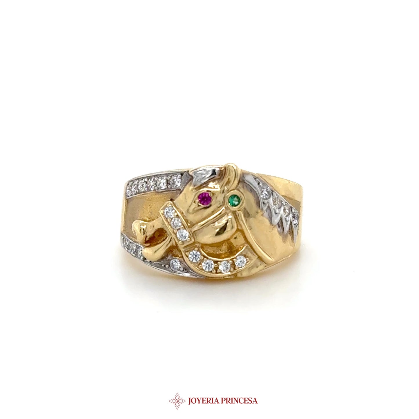 14K Gold Horse Motif Ring with Ruby and Emerald Stones