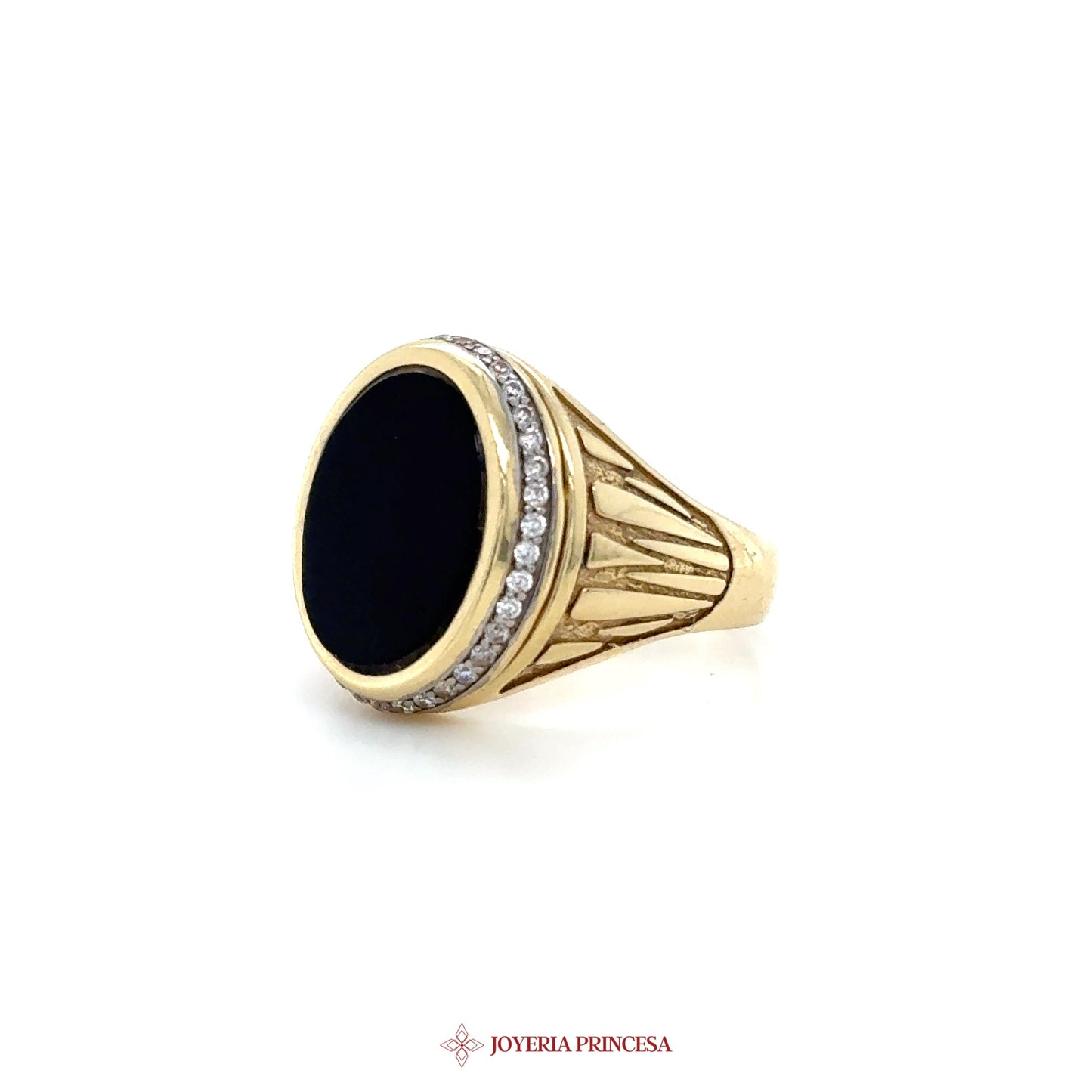 14K Gold Signet Ring with Black Onyx and CZ Accents