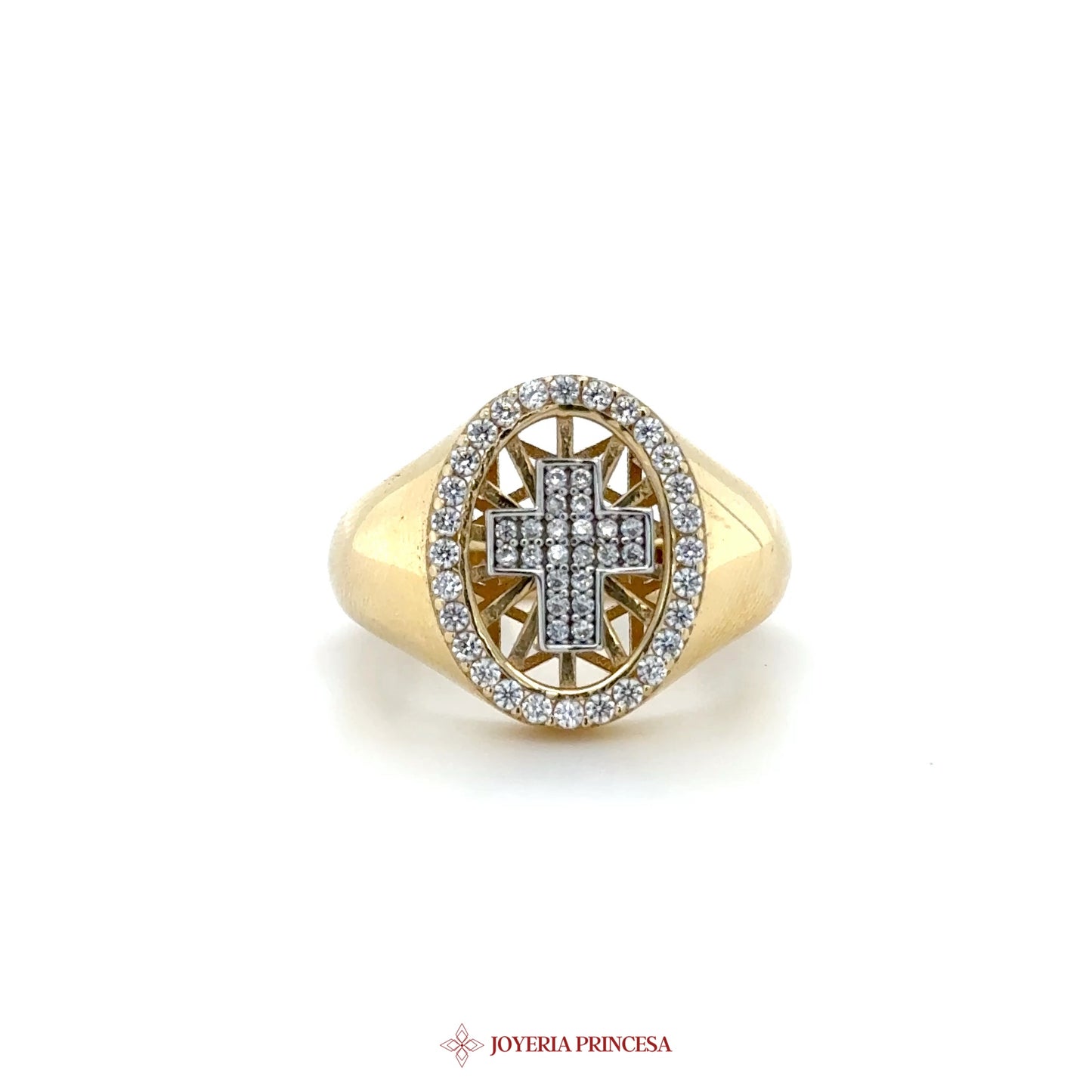 14K Gold Cross Motif Signet Ring with CZ Accents