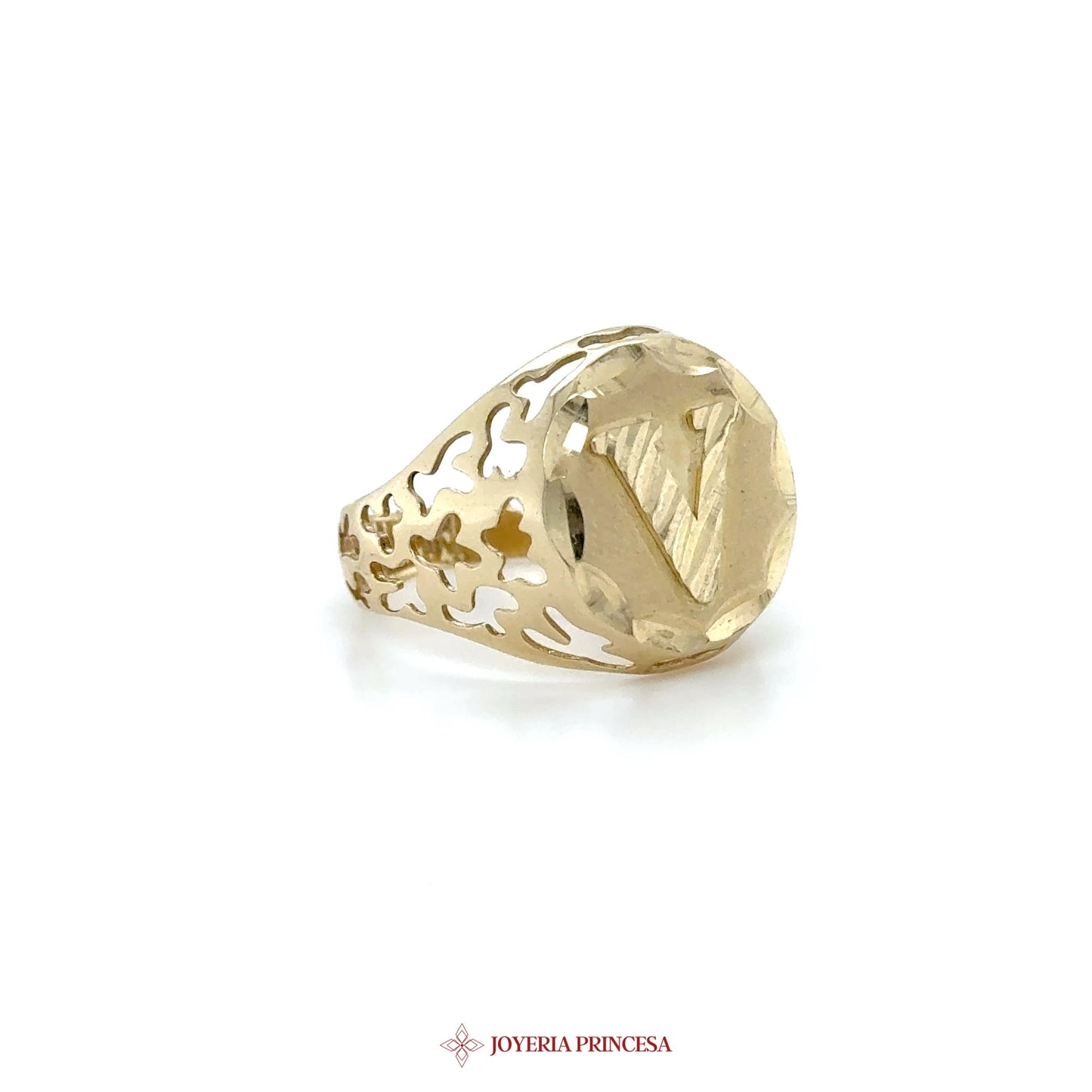14K Gold Initial V Signet Ring with Filigree Design