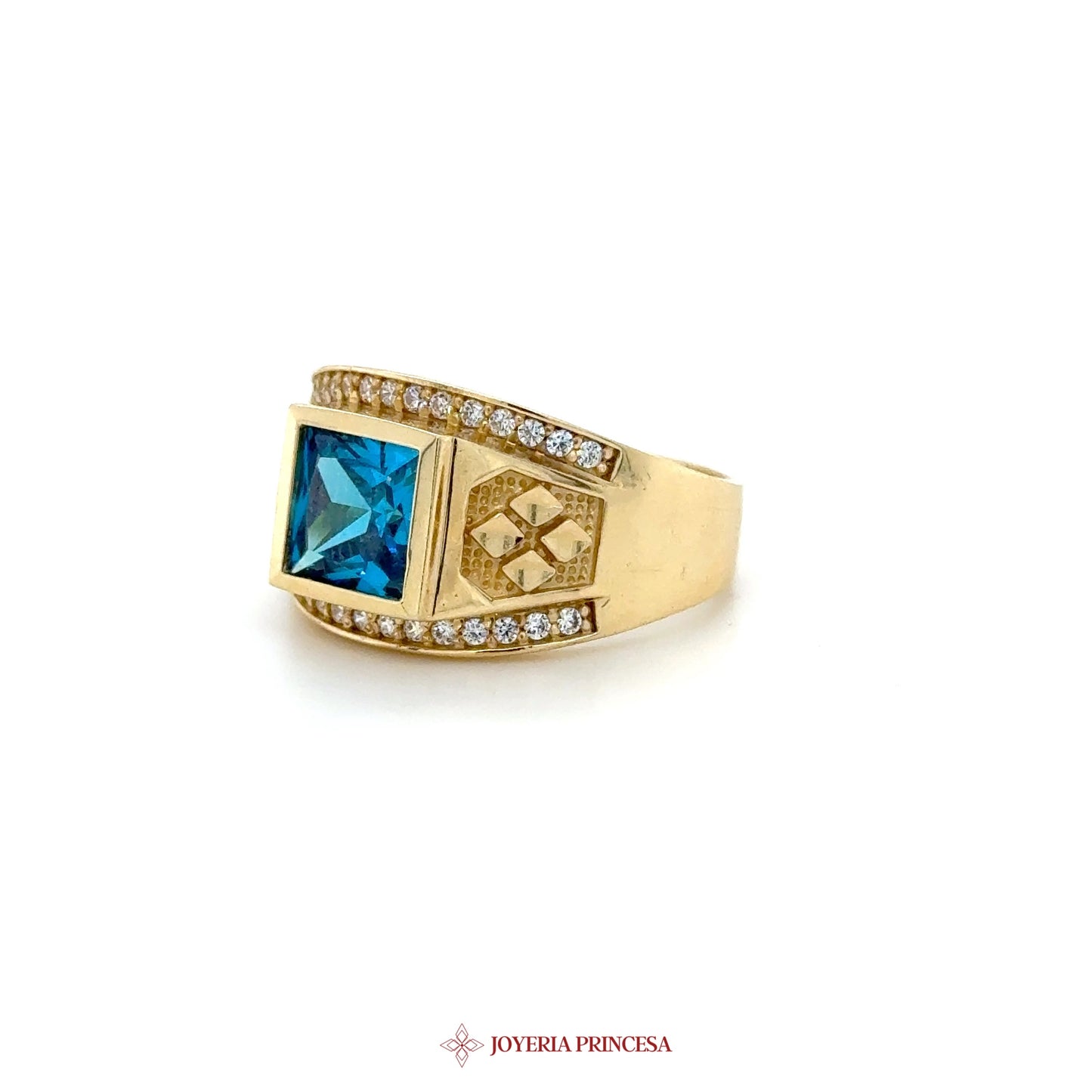 14K Gold Square Blue Stone Ring with CZ Accents (UN-1639)
