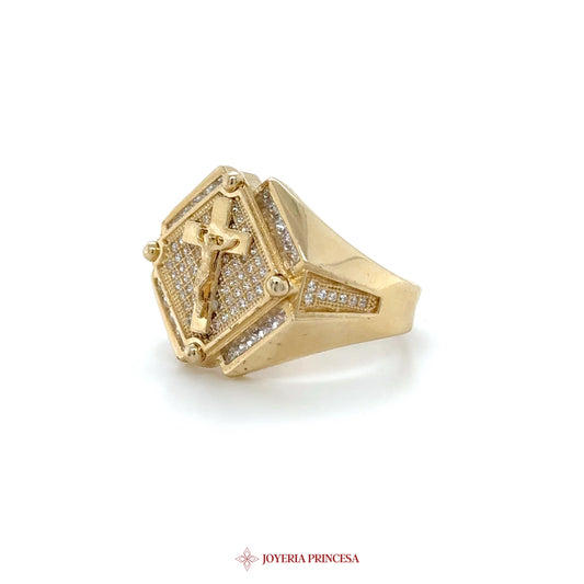 14K Gold Hexagonal Cross Ring with CZ Stones