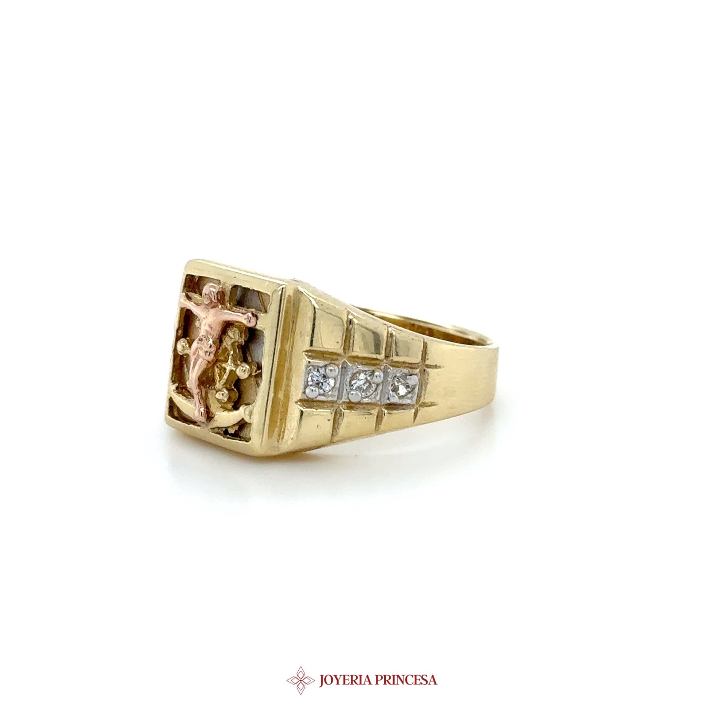 14K Gold Men's Signet Ring with Rose Gold Motif and CZ Stones
