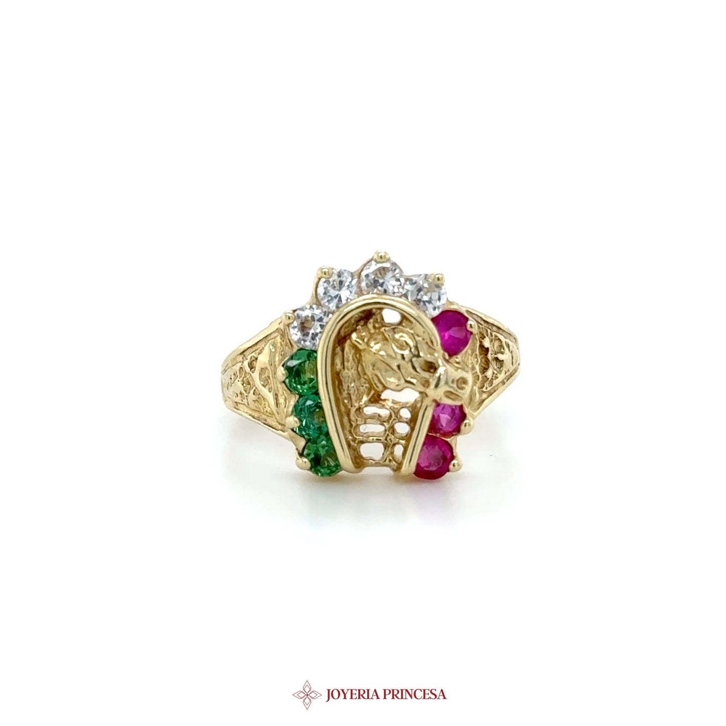 14K Gold Horseshoe Ring with Ruby and Emerald Stones