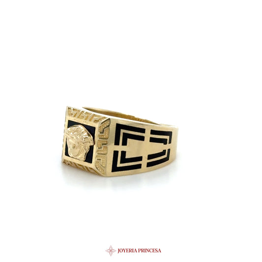 14K Gold Lion Motif Signet Ring with Black Enamel
