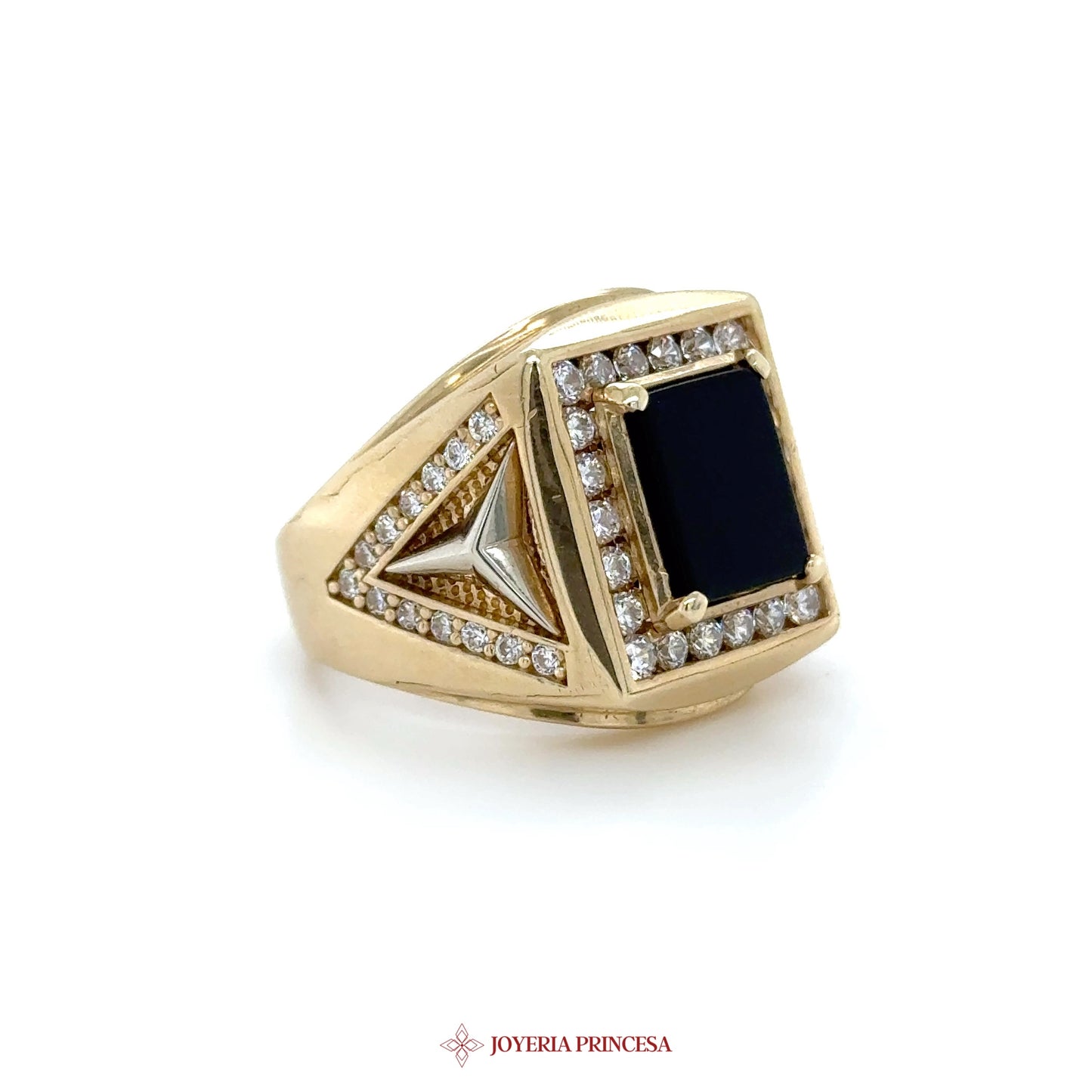 10K Yellow Gold Signet Ring with Black Stone and CZ Accents