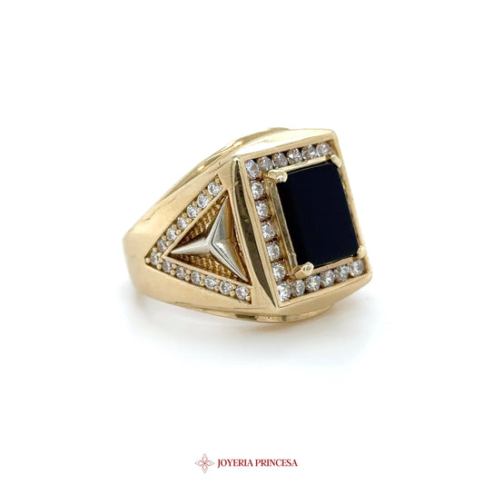 10K Yellow Gold Signet Ring with Black Stone and CZ Accents
