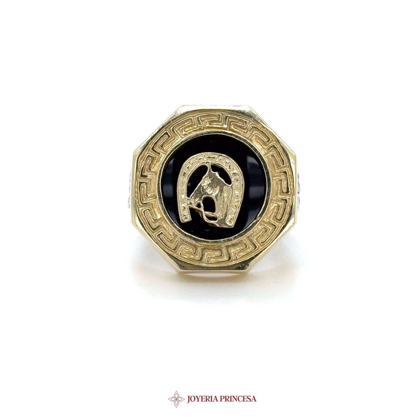 Gold Plated 10K Signet Ring with Black Enamel and CZ Stones