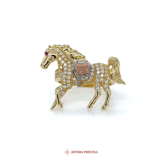 10K Gold Horse Brooch with CZ Stones and Pink Accent